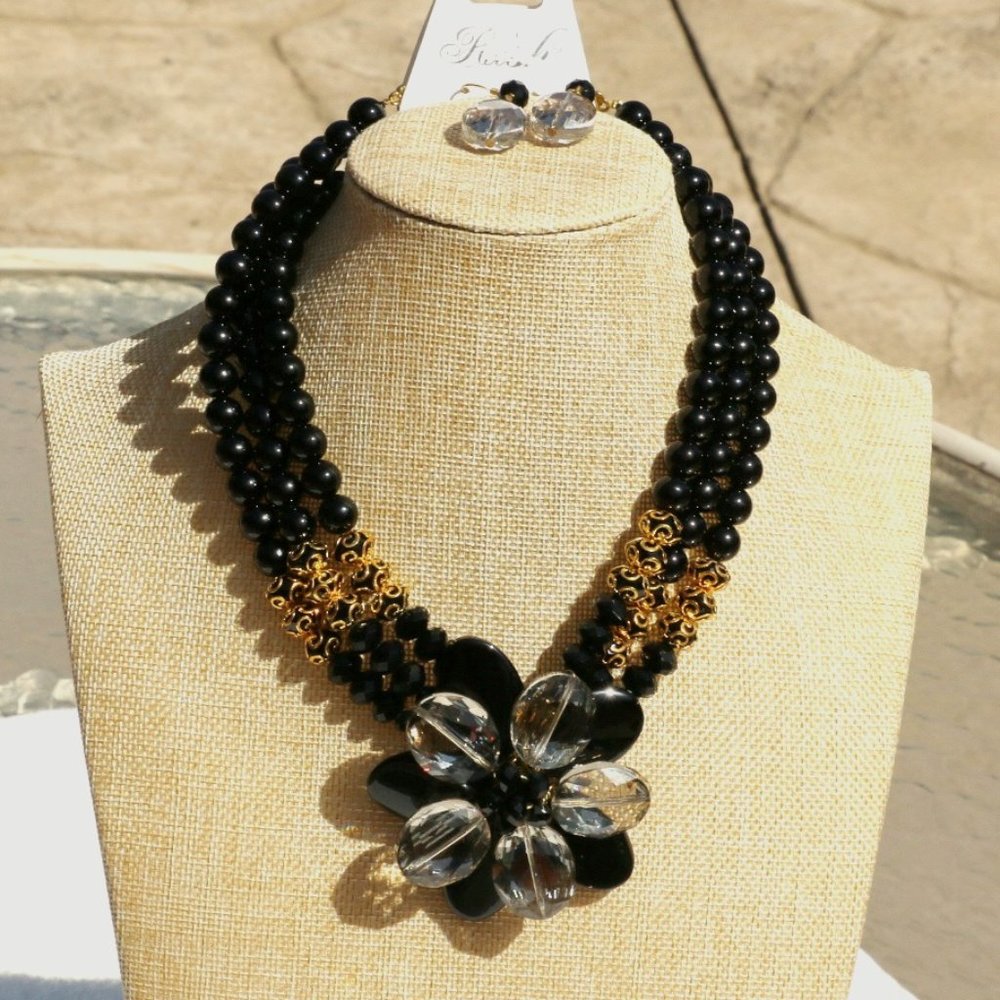 Chunky Large Dressy Flower Necklace Earrings Set Multi Strand Bohemian Crystal